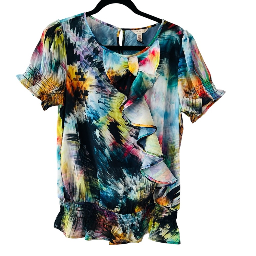 Ted Baker Ayes Watercolor Top Blouse Short Sleeve Ruffled Size 4 UK/ 10 US